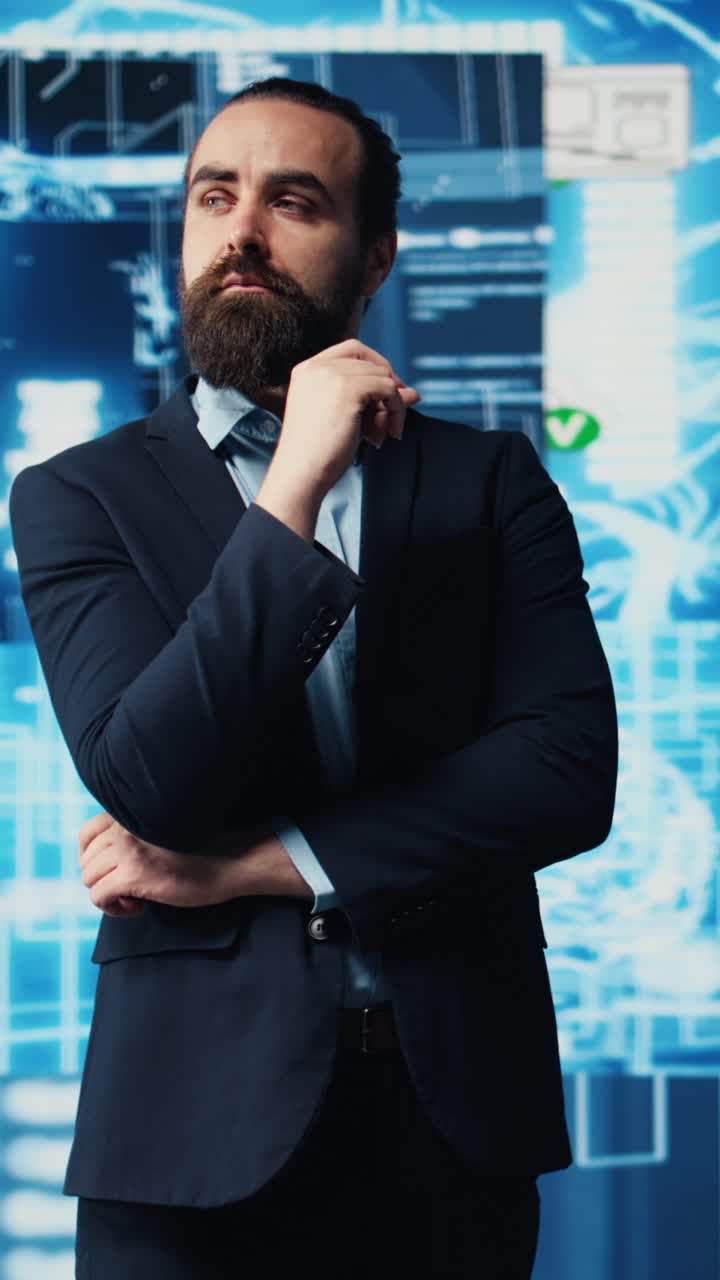 Vertical Video Young businessman reviews artificial intelligence neural networks on dashboard