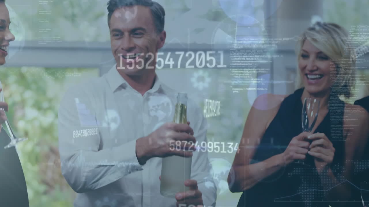 animación de procesamiento de datos sobre diversos amigos celebrando y bebiendo champán