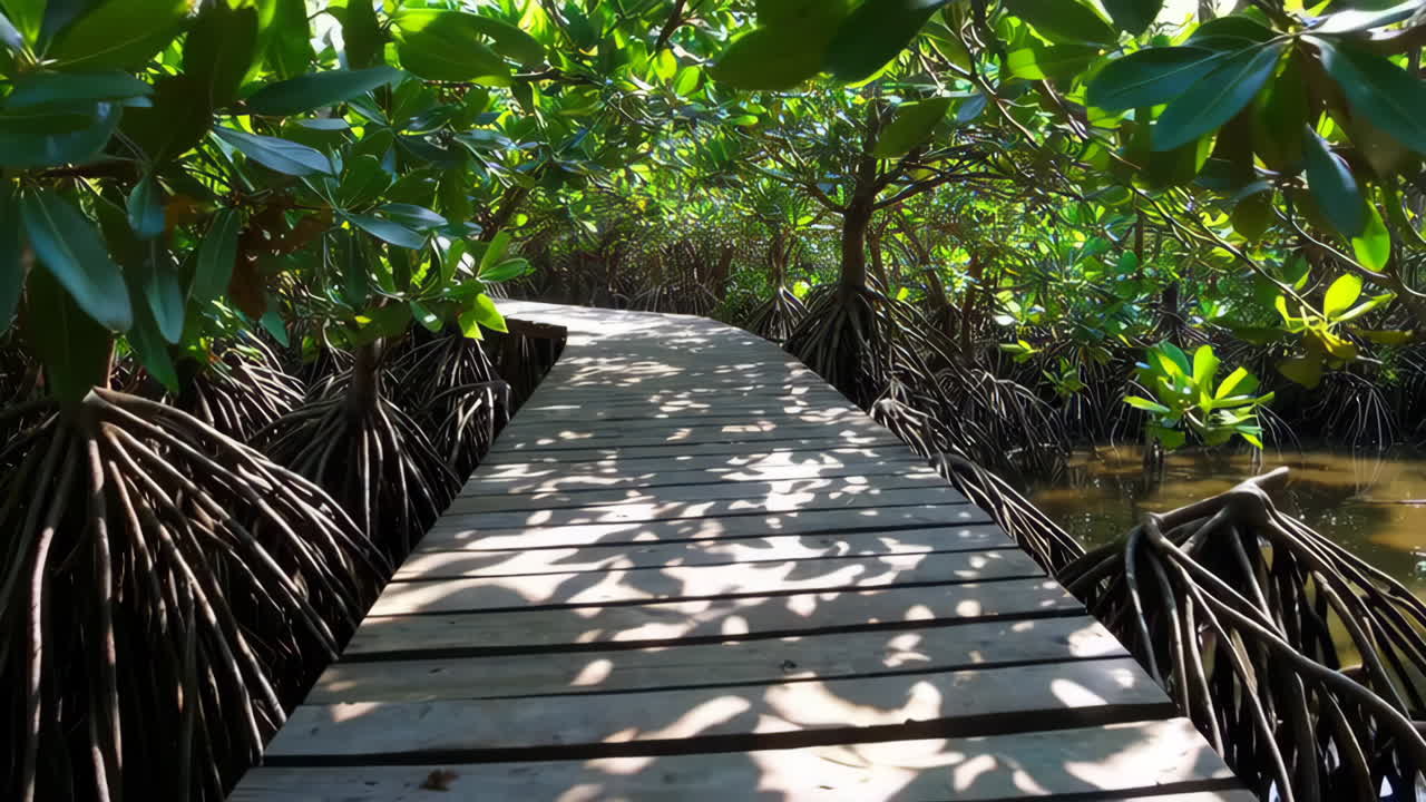 Wooden boardwalk through a mangrove forest