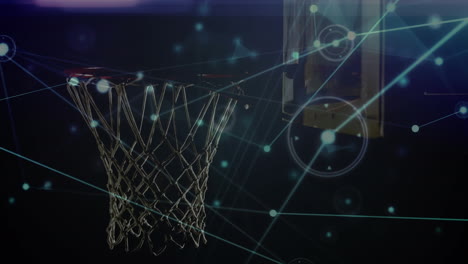 animation of networks of connections over basketball falling into basket