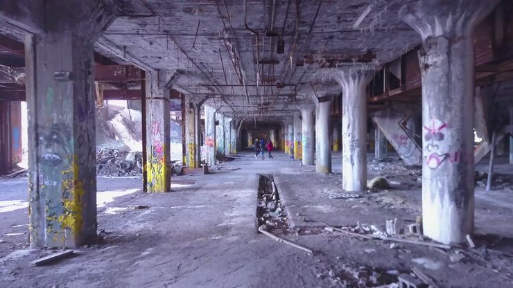 Una vista aérea de artistas de rap cantando y bailando dentro de una fábrica abandonada en Detroit