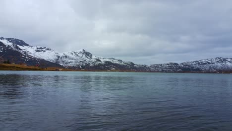 panoramic view of lake surrounded by snowy mountains in a cloudy day