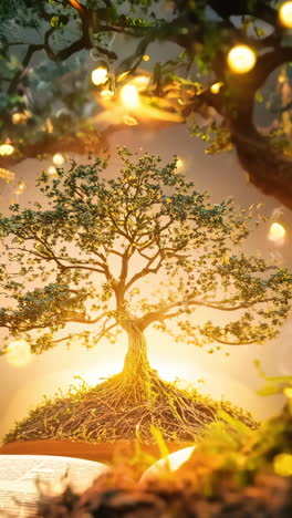 a tree is sitting on top of an open book. the tree is lit up with lights, giving the impression that it is glowing. the scene is peaceful and serene, with the tree and book creating a sense of harmony