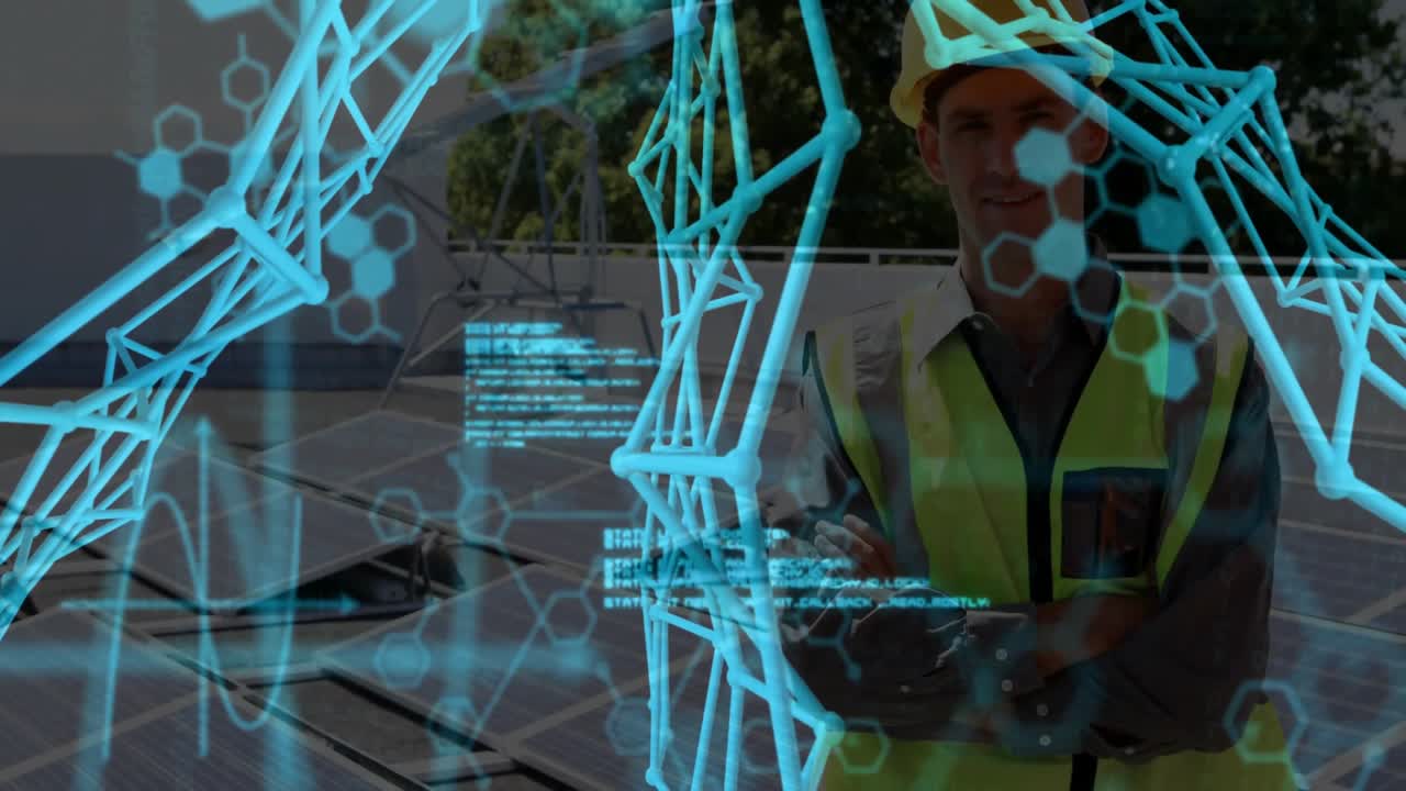 Ingeniero caminando sobre un conjunto de paneles solares mientras una superposición holográfica se anima a través de los paneles para su inspección.