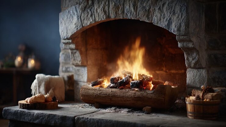 Cozy Fireplace Warmth: A Tranquil Scene with Flickering Flames and Rustic Logs, Perfect for Creating a Serene Atmosphere in Any Living Space