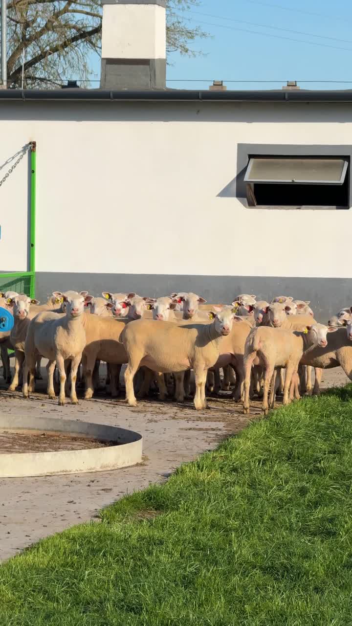 Video verticale da telefono in stile POV UGC di un gregge di pecore radunate accanto a un edificio agricolo in una giornata di sole in campagna. Autentici filmati di animali rurali per reel di social media, vlog e creatori di contenuti.