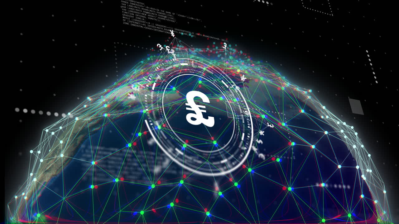 파운드 기호의 애니메이션, 연결 네트워크와 글로브를 통해 디지털 데이터 처리