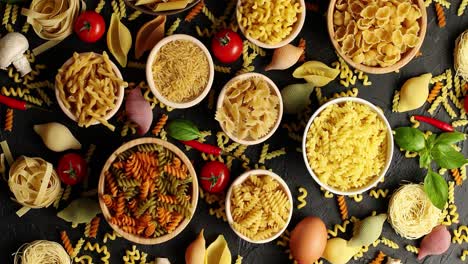 layout of pasta and ingredients for cooking