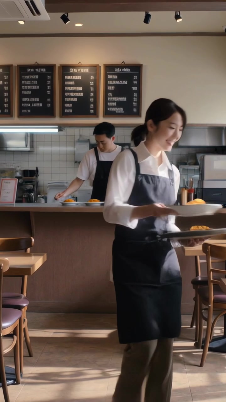 Vertikal video: Efter anretning bærer tjener i sort forklæde bakke ind i café for at servere tallerkener