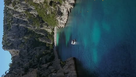 the calanque d'en-vau beach secluded between rugged cliffs near cassis, france - aerial flyover in vertical orientation