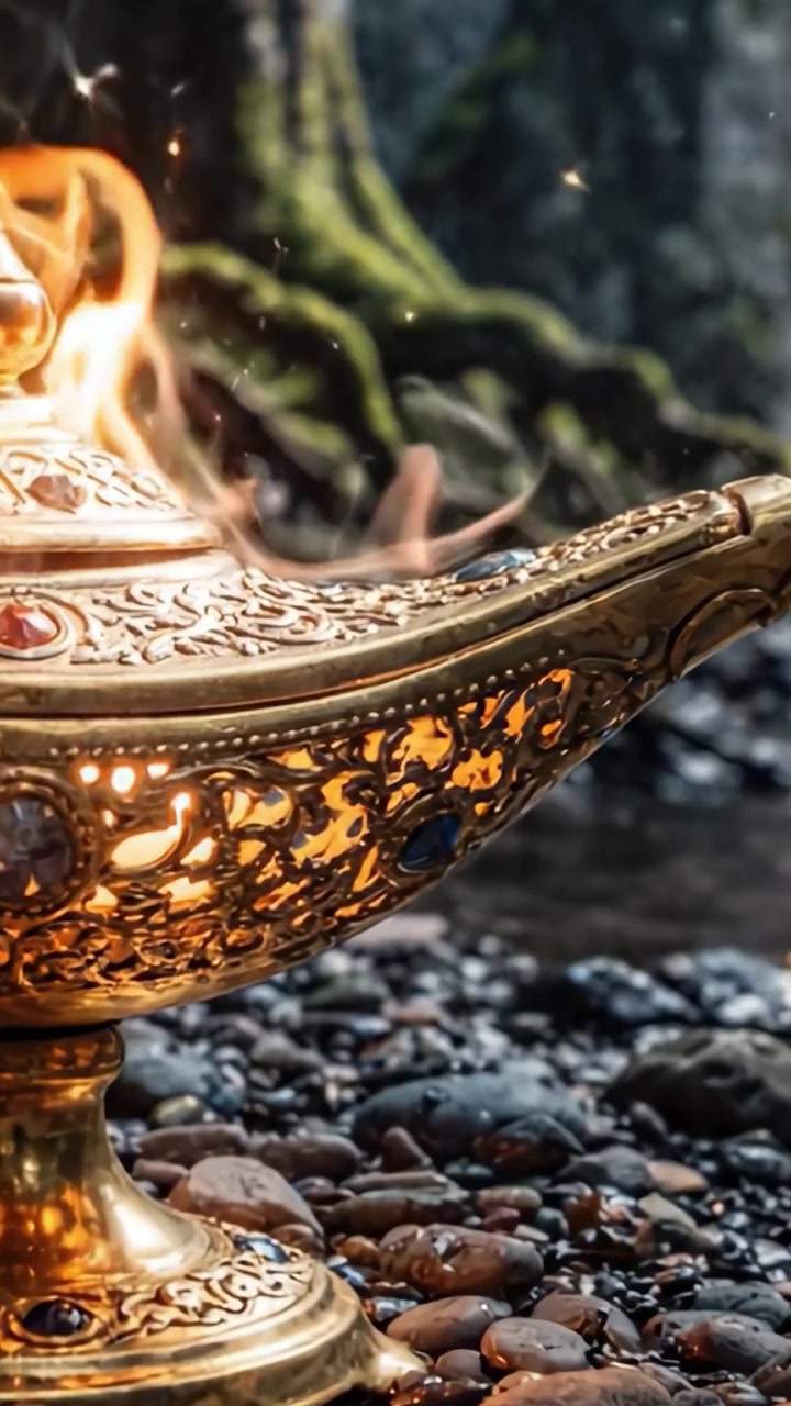 Glimpse of Enchantment: A Beautifully Crafted Genie Lamp Surrounded by Nature's Serenity and Illuminated with Flickering Flames for a Magical Experience