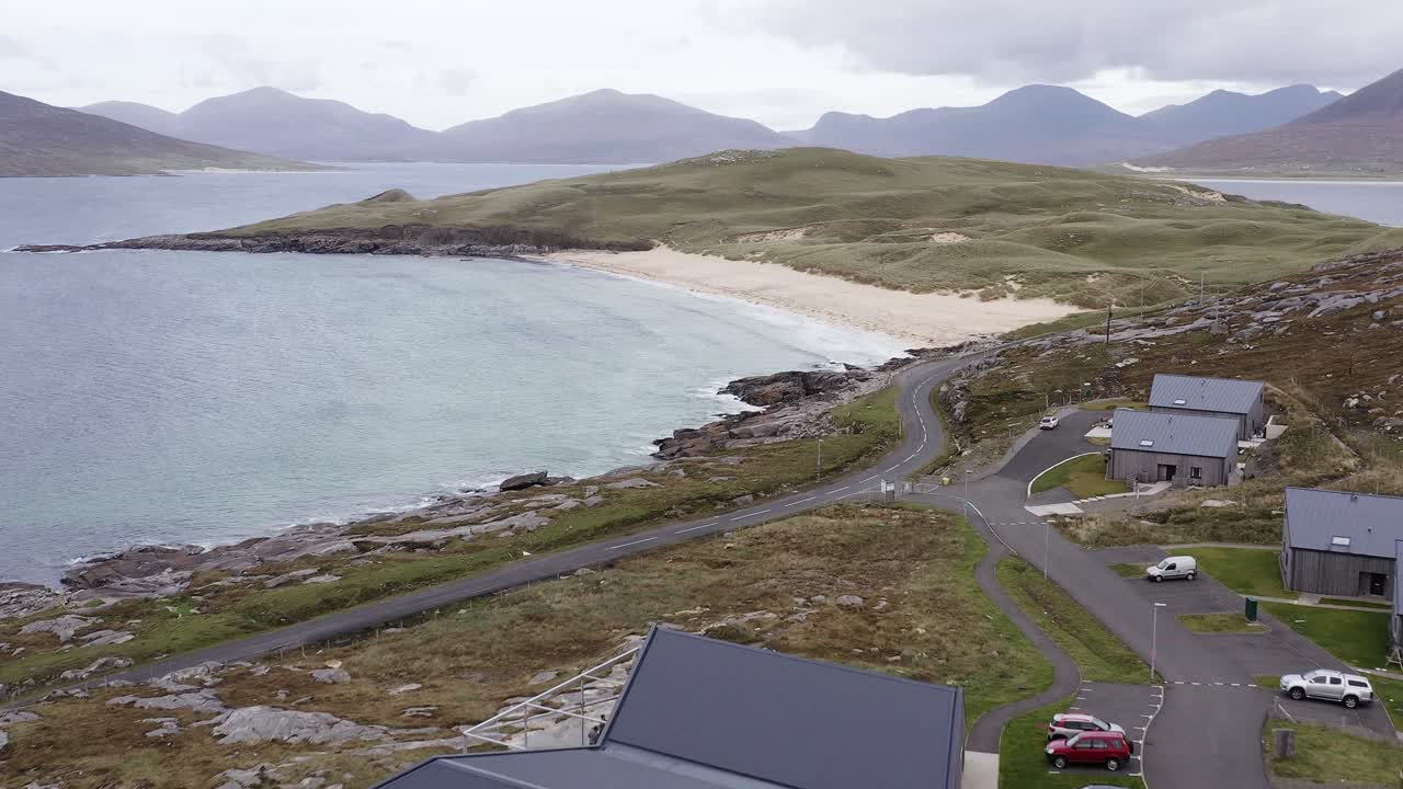 Drone shot of the "Tala Na Mara" centre located on the Isle of Harris, Outer Hebrides, Scotland