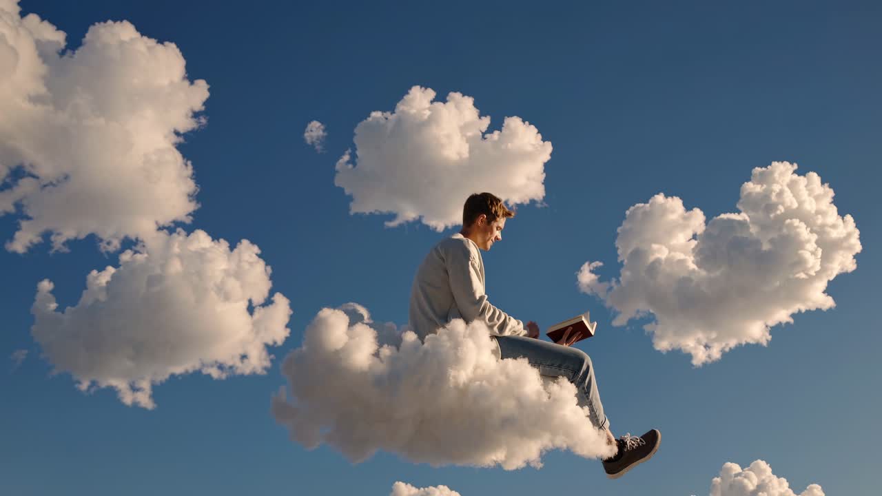 Surreal video concept of a person reading on a cloud. Low-angle shot captures a dreamy, imaginative
