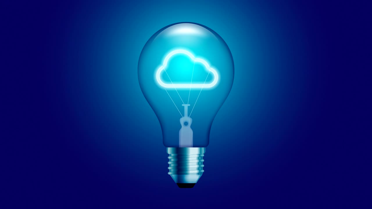 Cloud icon symbol Incandescent light bulb beating switch on set Connection concept glow in blue gradient background seamless looping animation 4K, with copy space