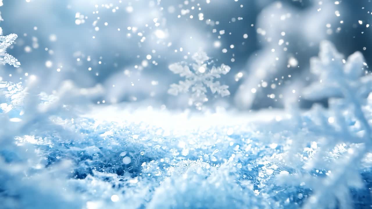 A snow covered landscape with two snowflakes on the ground. The snowflakes are large and intricate, and the overall mood of the image is serene and peaceful