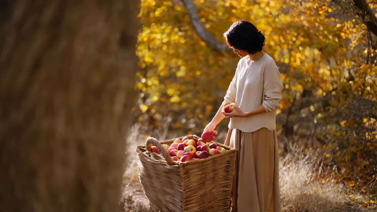 Woman Picking Apples in Autumn Forest