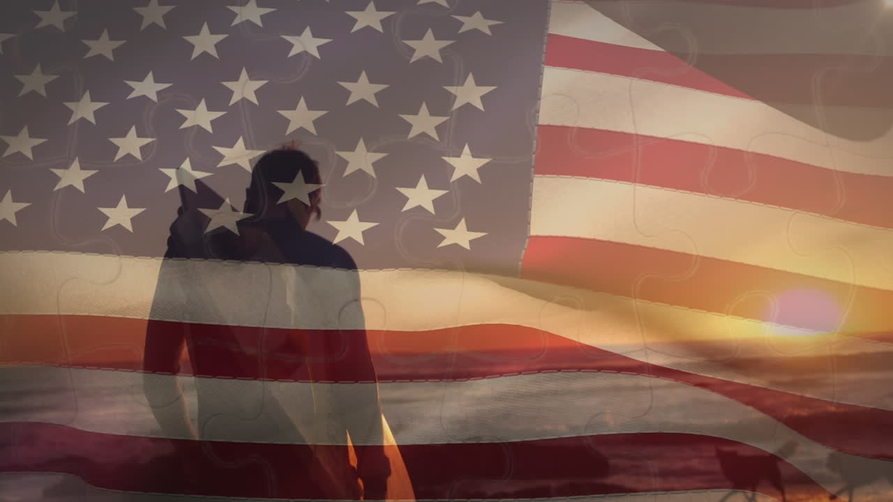 서프보드와 개들이 해변을 고 있는 남자를 향해 미국 발을 흔들고 있는 애니메이션