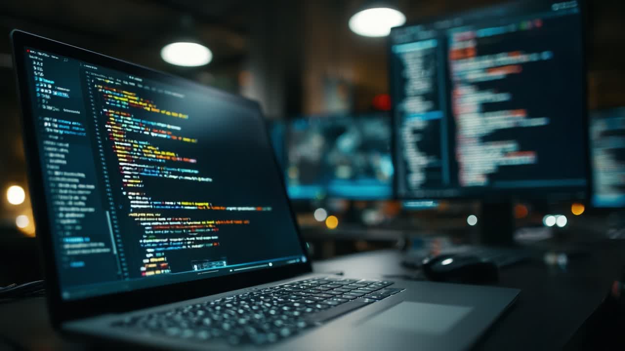 An Insightful View of Programming: Detailed Code on a Laptop Screen Amidst a High-Tech Workspace with Multiple Monitors Displaying Complex Data and Software Development