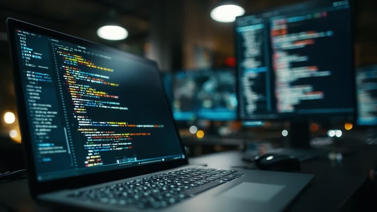 Tampilan Mendalam Pemrograman: Kode Detail pada Layar Laptop di Tengah Ruang Kerja Teknologi Tinggi dengan Beberapa Monitor yang Menampilkan Data Kompleks dan Pengembangan Perangkat Lunak