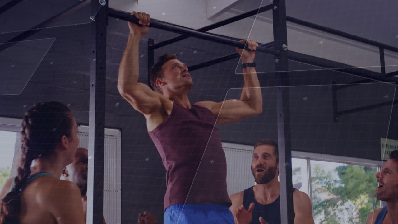 Adult male stepping, gripping bar, doing pullups for fitness with HUD tracking motion team cheering
