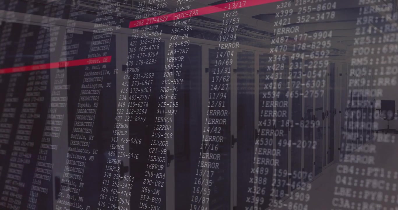 Semi-transparent overlay showing error messages on screen marking red error row over server racks
