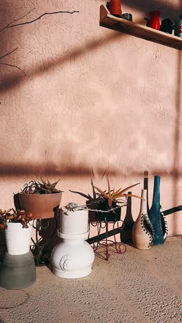 potted plants and vases by a pink wall