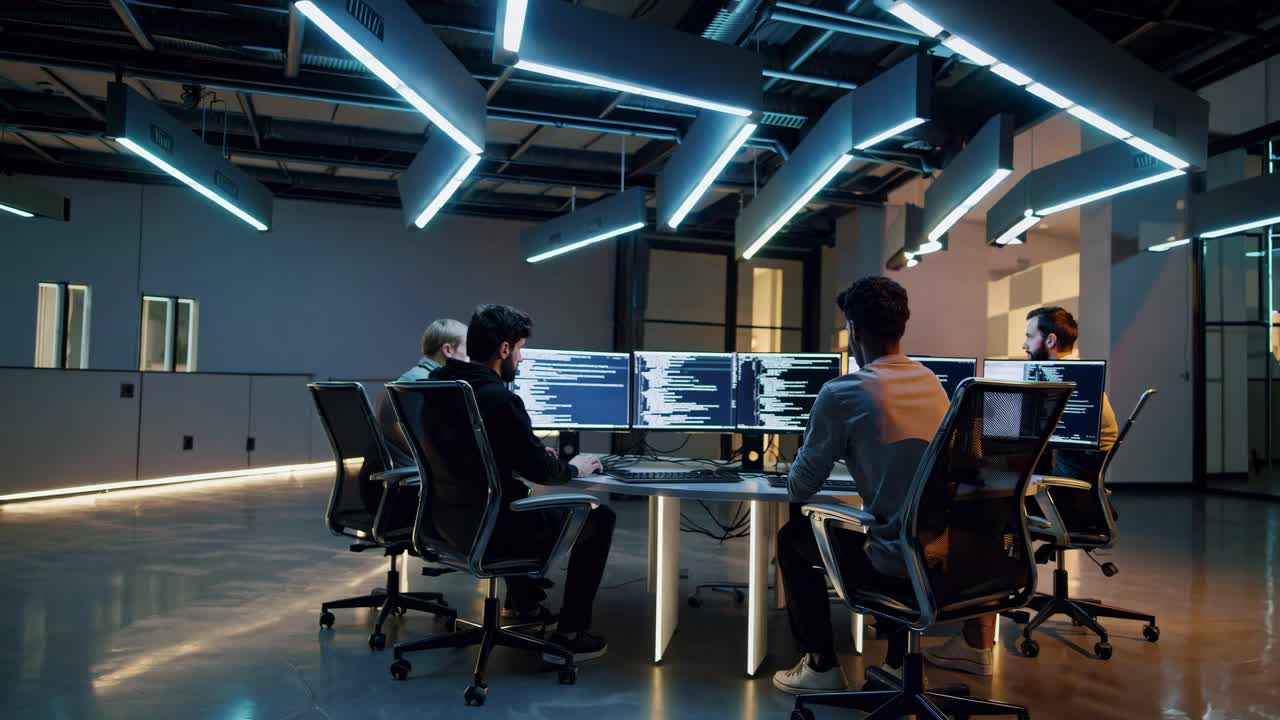 Over-the-shoulder angle of two programmers coding on multiple screens in a modern office
