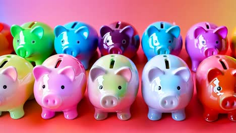 a row of colorful piggy banks lined up in a row on a red surface