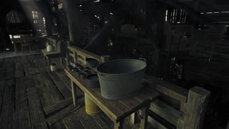 rustic kitchen interior with wooden table and cooking utensils in natural light