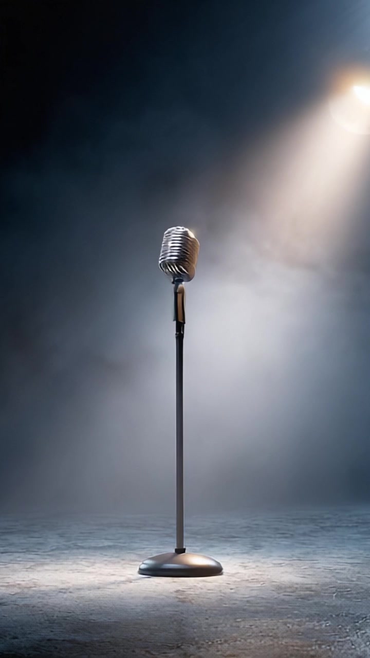 Un elegante microfono vintage si erge solitario sotto un riflettore drammatico in un'ambientazione scura e suggestiva, significando attesa per una performance o un discorso.