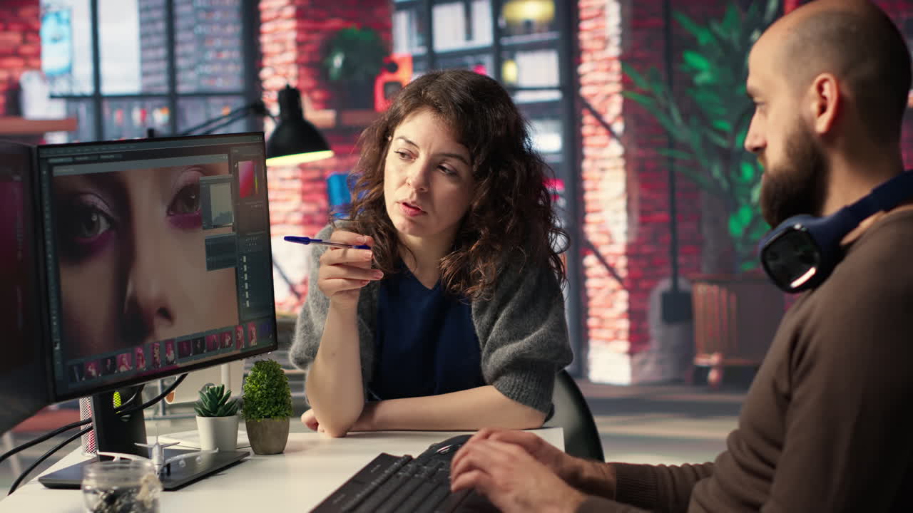 Man and woman creative team using AI to generate image models