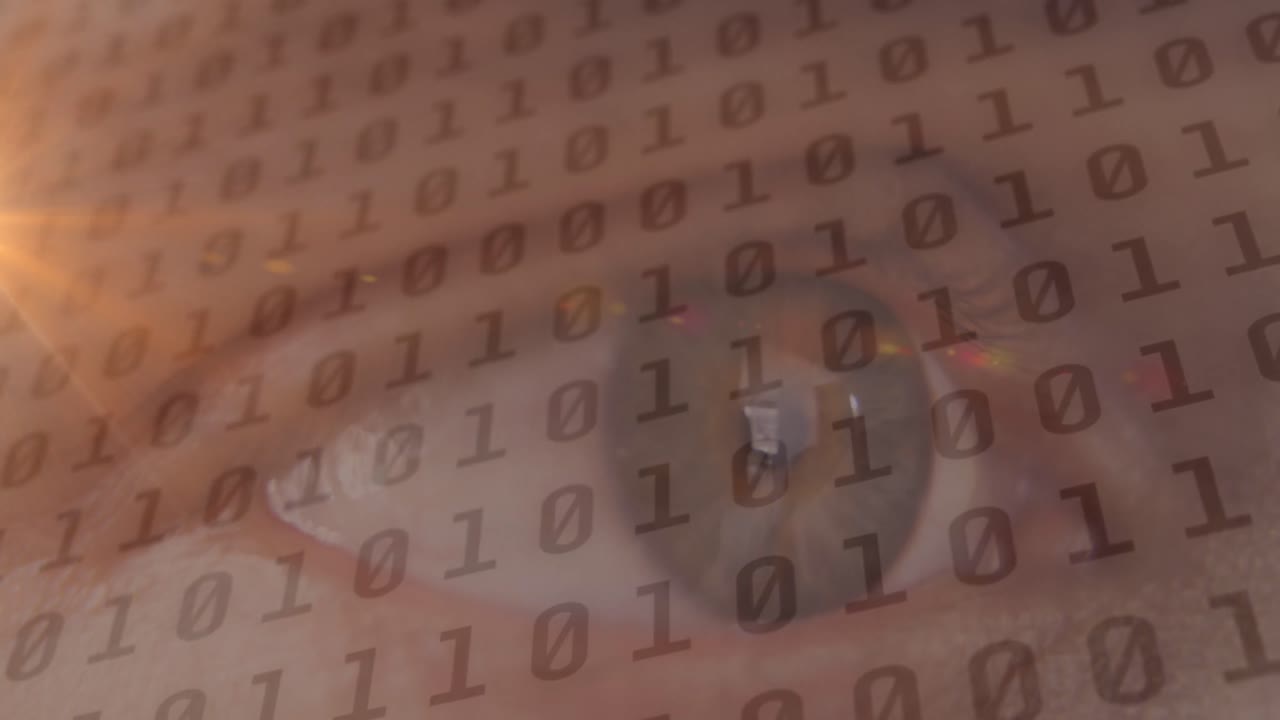 Animation of binary coding data processing over woman's eye