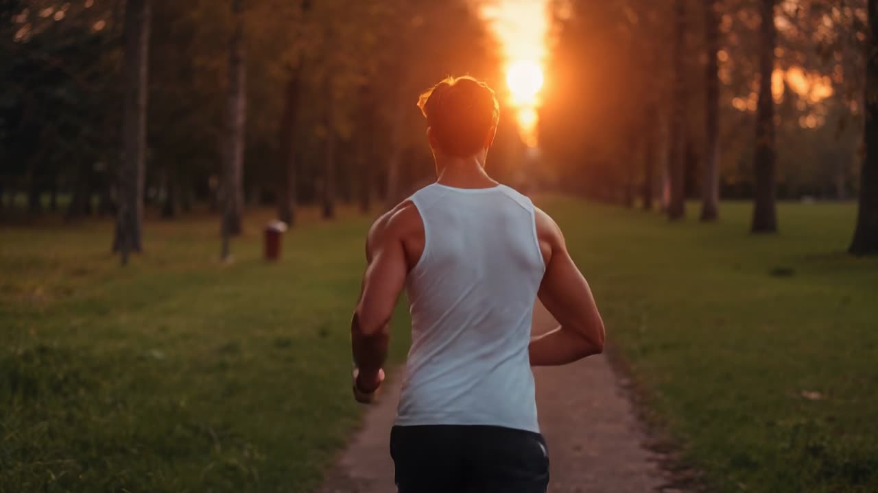 Corridore jogging maschile che indossa una canotta bianca, pantaloncini scuri lungo un sentiero alberato del parco, corsa al sole