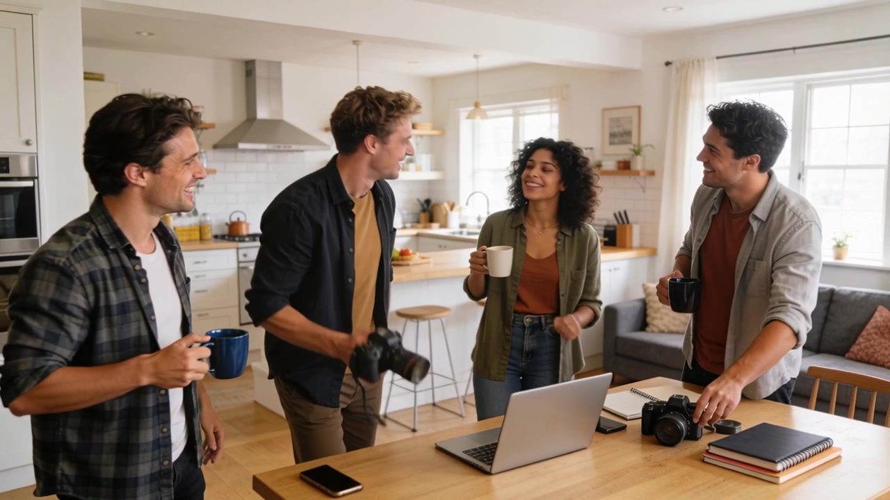 Laughing team in casual shirts gesturing in kitchen man lifting DSLR camera checking laptop shots