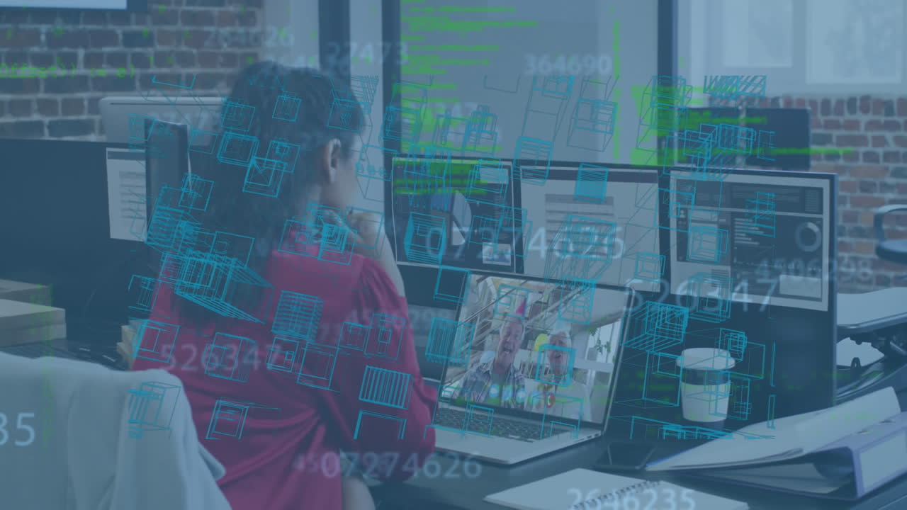 animazione dell'elaborazione dei dati e della città digitale su un uomo d'affari biraciale che usa un portatile.