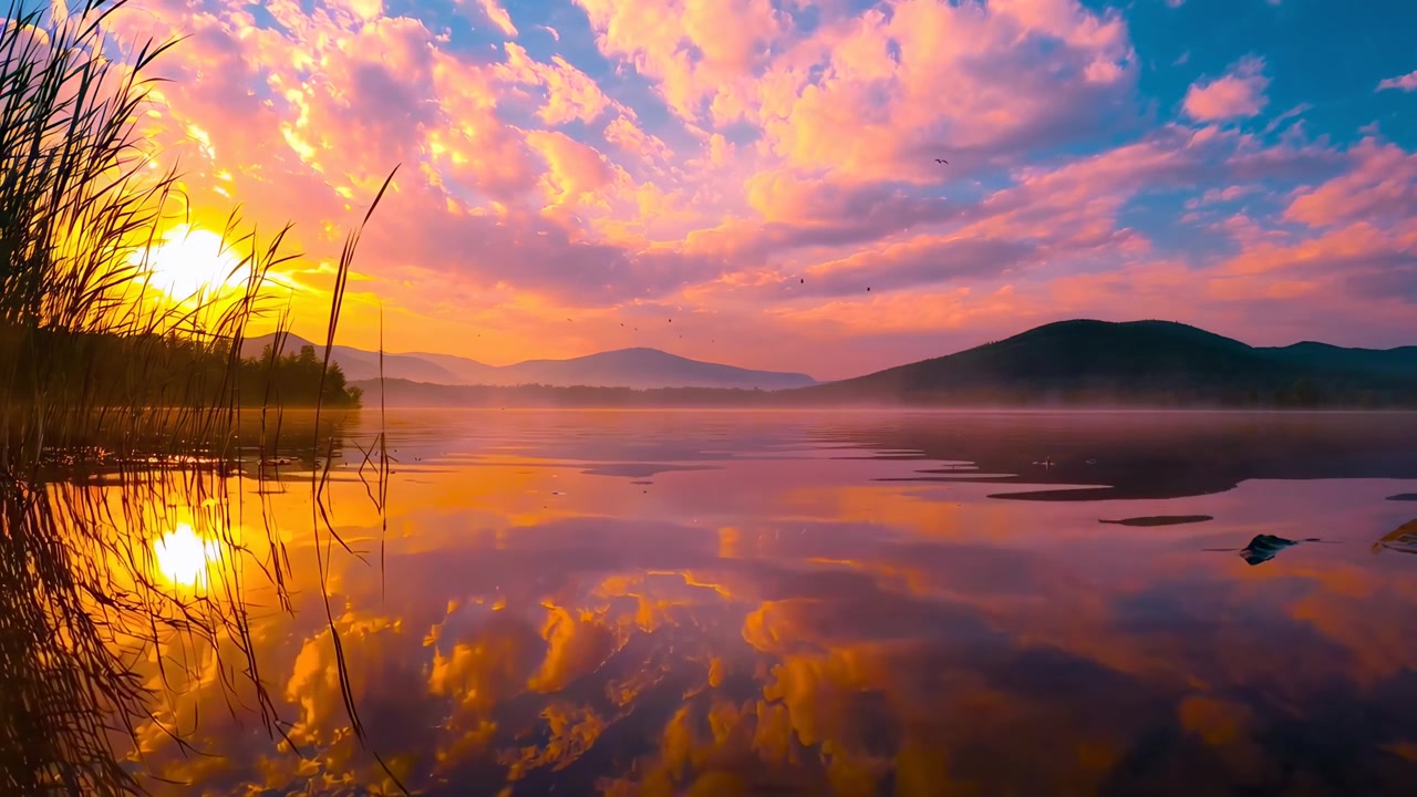 Serene Sunrise Over a Calm Lake with Birds Flying