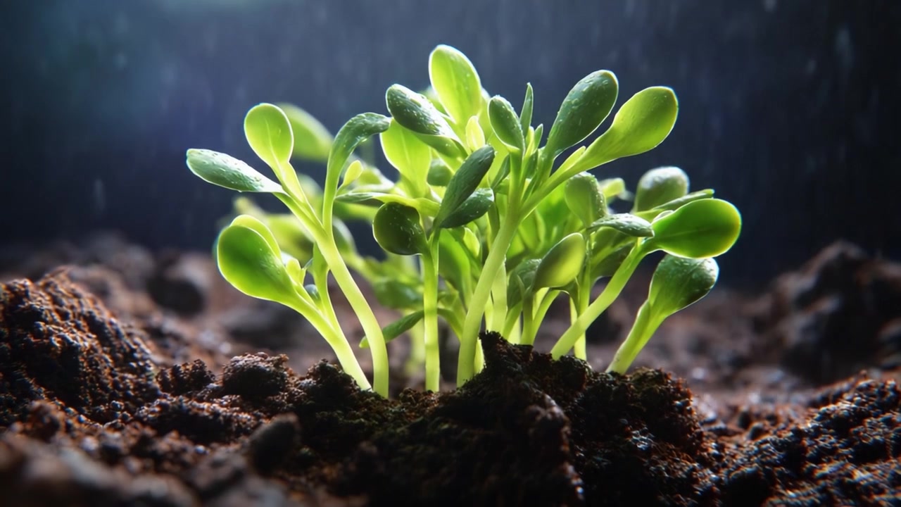 Gedeihendes Wachstum: Eine Nahaufnahme von kräftigen Setzlingen, die aus reicher Erde sprießen und die Widerstandsfähigkeit der Natur sowie die Schönheit des Lebens in einer Gartenumgebung zeigen