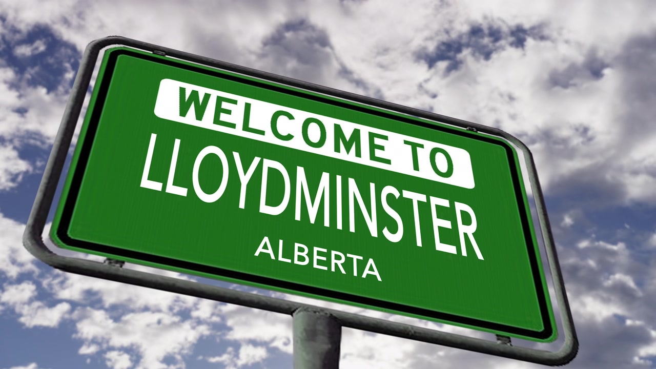 Selamat datang di Lloydminster, Alberta. Rambu Jalan Kota Kanada Animasi 3D Realistis