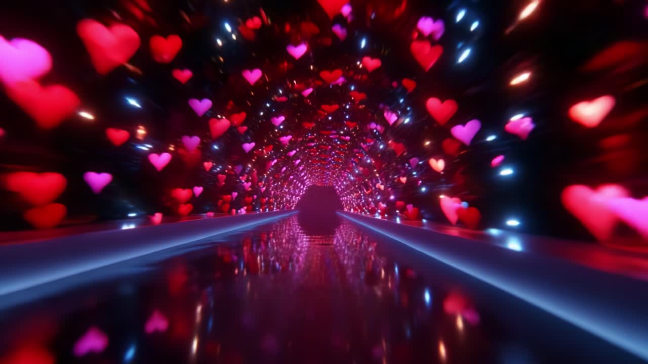 A mesmerizing tunnel illuminated by vibrant pink and red hearts, surrounded by a dazzling array of lights reflecting off a glossy surface, creating a whimsical and romantic ambiance perfect for any love-themed setting