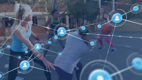 animación de redes de conexiones sobre jugadoras de baloncesto