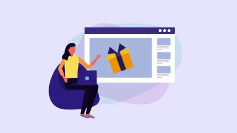 joven mujer de negocios con plantilla de página web y regalo