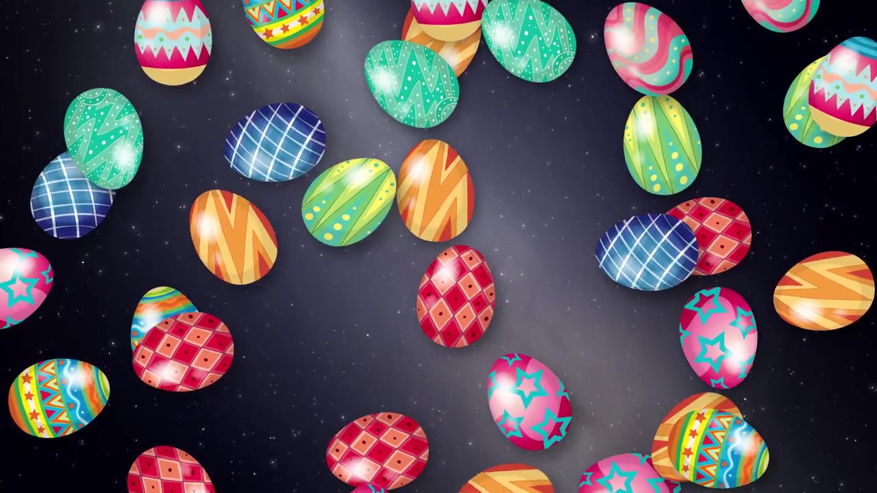 Vibrant decorated Easter eggs fall continuously against a dark, starry night sky with subtle light.