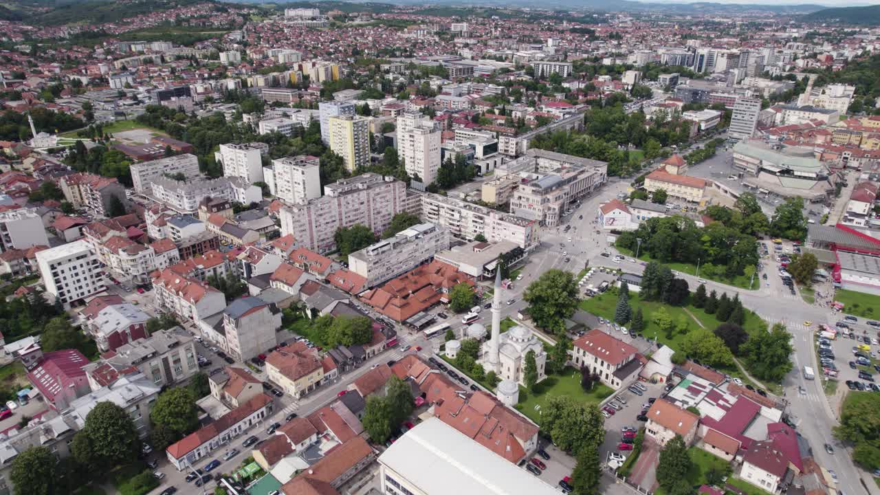Aerial fly-over Banja Luka's urban landscape, Bosnia and Herzegovina