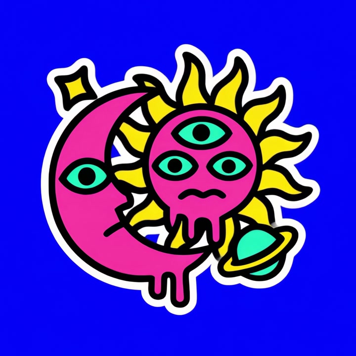 Animeret psykedelisk sol- og måneillustration på blå baggrund