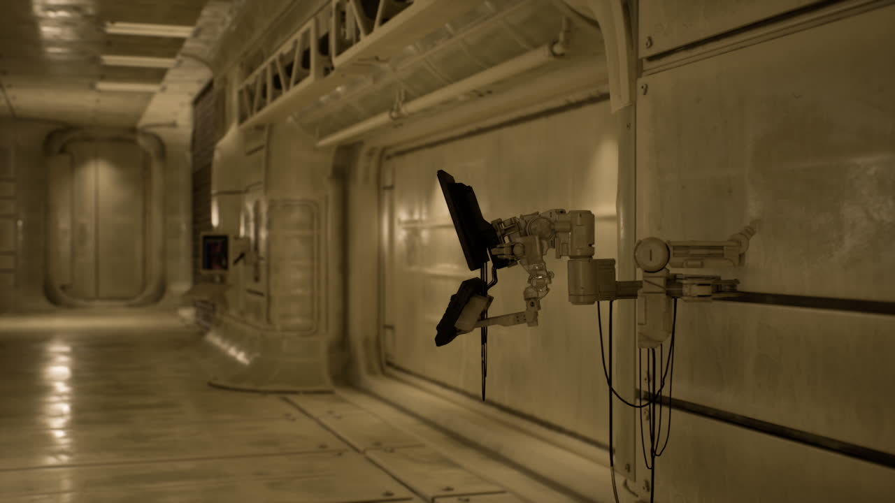 corredor futurista con brazo robótico y tecnología avanzada de ciencia ficción