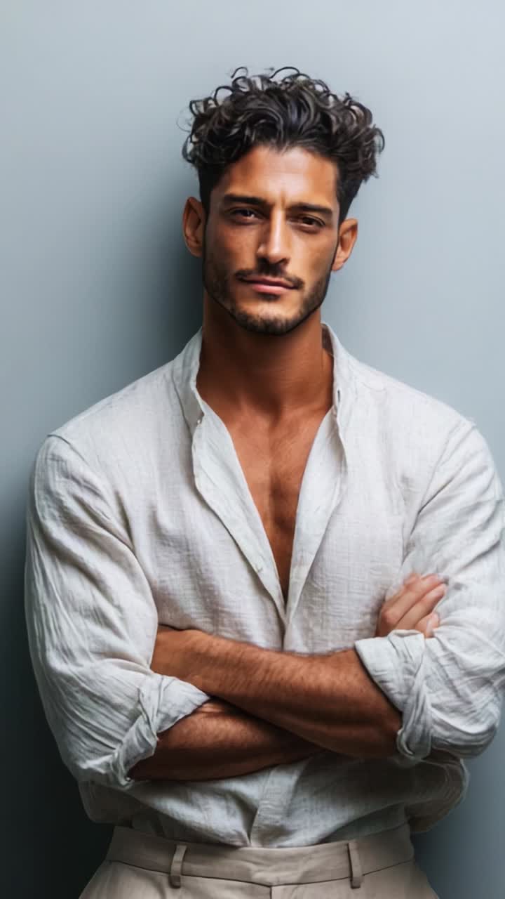 Giovane uomo sicuro di sé in elegante camicia di lino posa a braccia conserte su sfondo minimalista, esprimendo fascino ed eleganza in un accattivante ritratto di moda