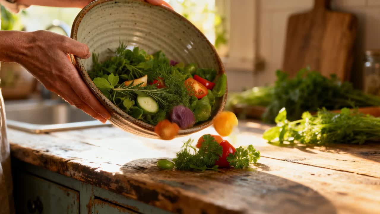 En kok vipper en røreskål og hælder salat med halve tomater ud på køkkenbordet, mens et måltid tilberedes.