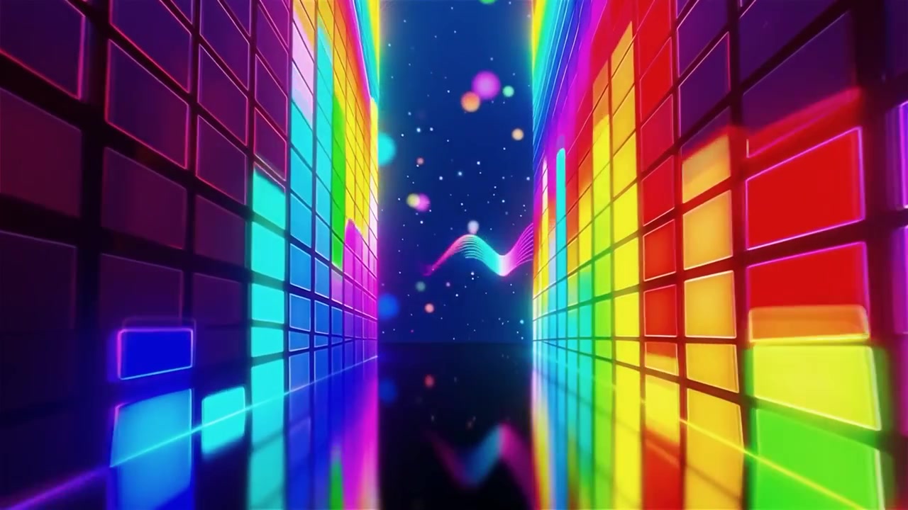 Fundo Futurista com Visualizador de Equalizador de Música Neon Arco-Íris.