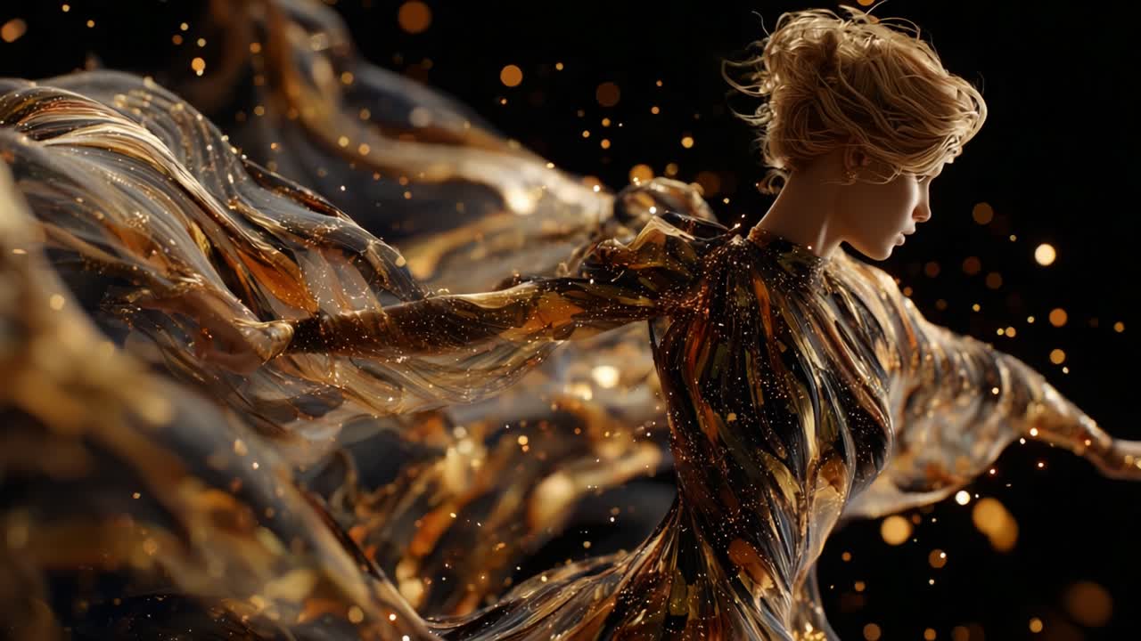 A stunning display of elegance and motion showcases a figure in a flowing, golden ensemble adorned with shimmering particles, creating an ethereal and captivating visual experience