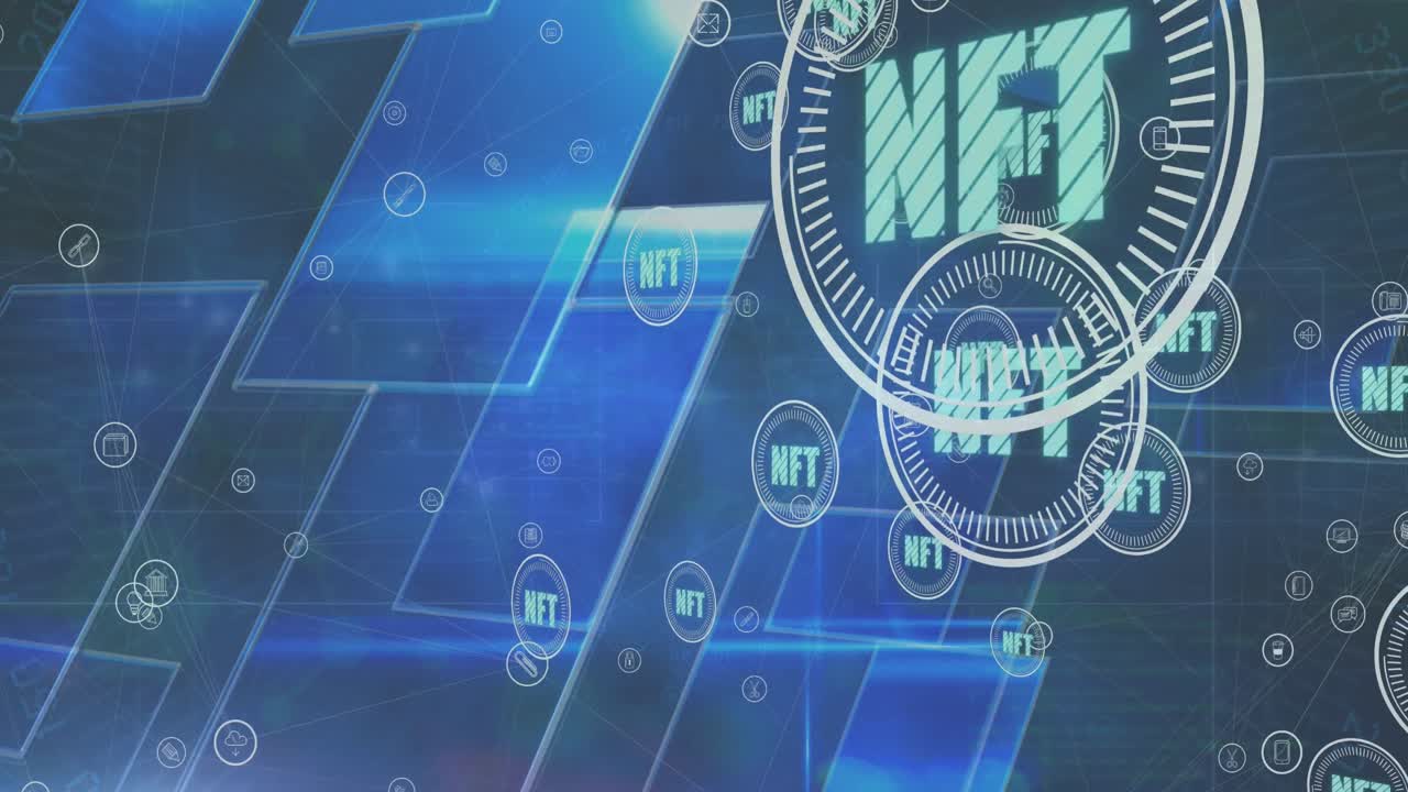 animación de nft en círculos sobre formas azules en el espacio digital.